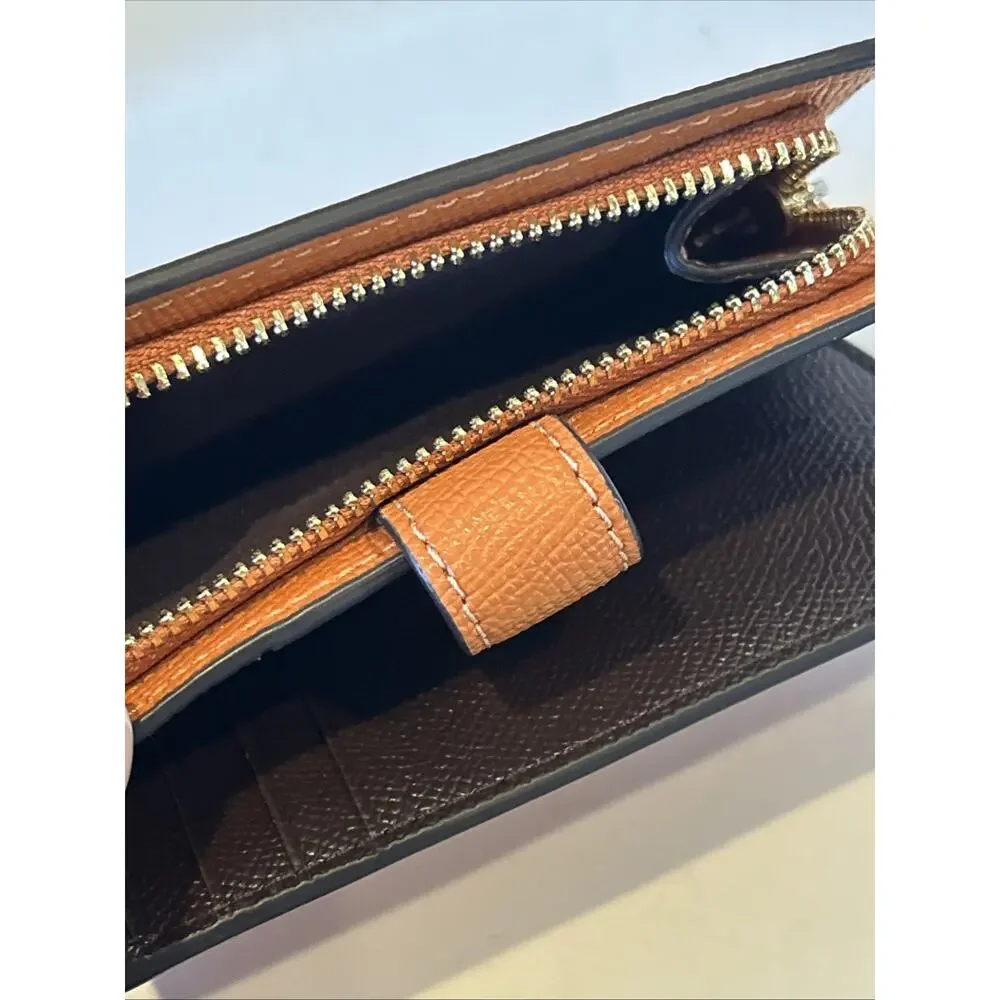 Coach Medium Bifold Snap Wallet Crossgrain Leather Corner Zip Orange ID Window